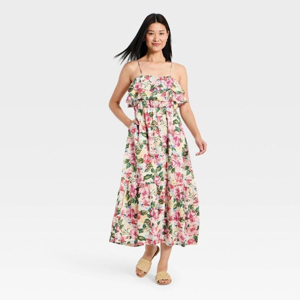 Women's Sleeveless Ruffle Maxi A-Line Dress - A New Day Pink Floral XL
